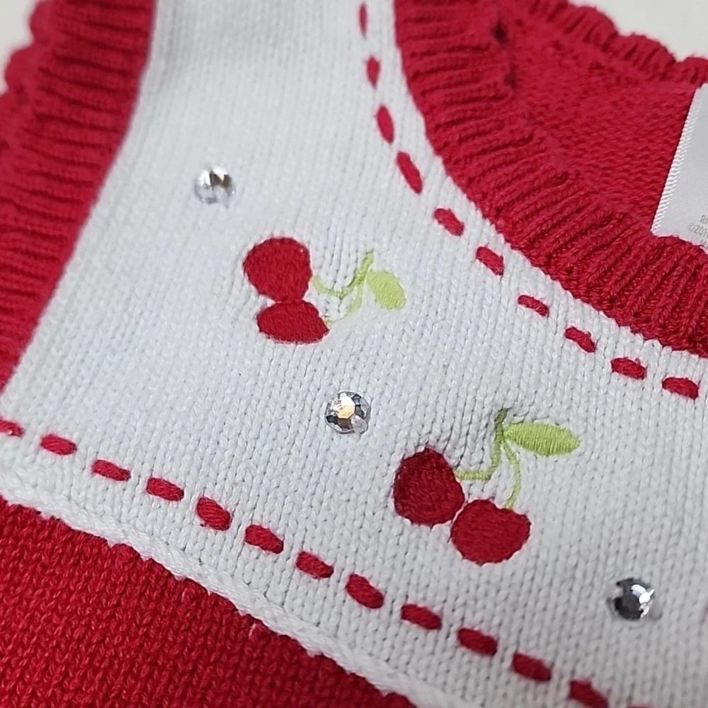 Gymboree Red Cherry Embroidered Sweater Vest Rhinestones Girls 7–8 Cute Retro